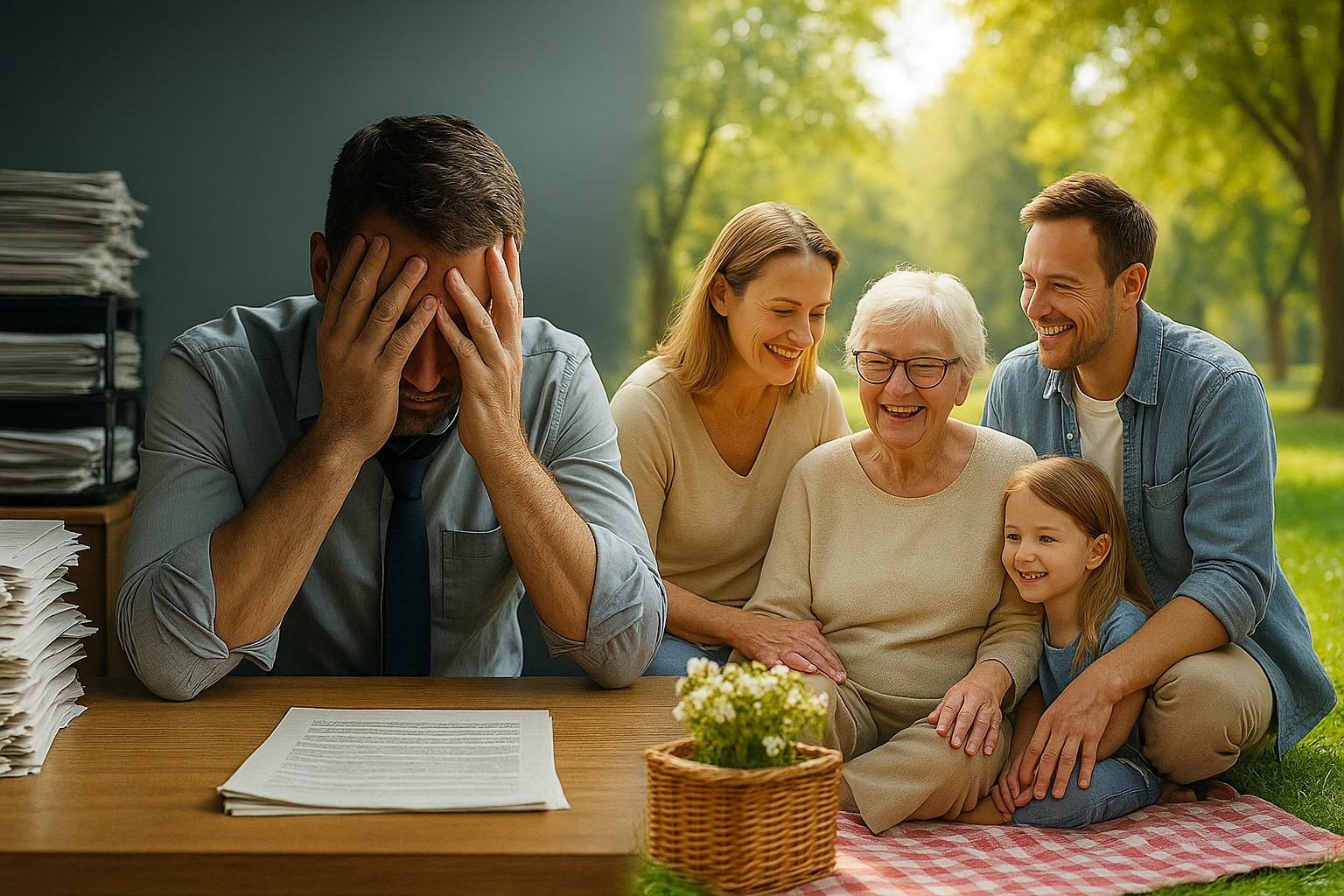 Links: Papierkram & Stress. Rechts: entspannte Familie – wir übernehmen die Bürokratie.